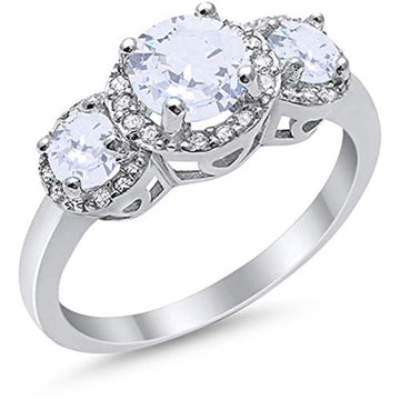 Three Stone Simulated Cubic Zirconia Wedding Ring 925 Sterling Silver